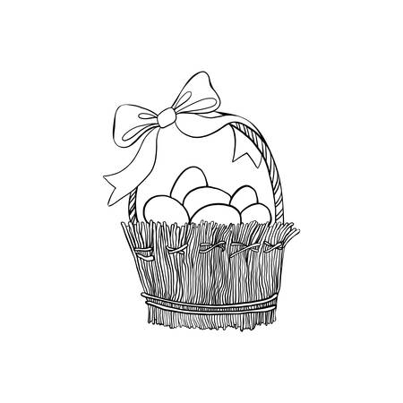 Hand drawn vintage of Happy Easter symbol set, vector ink sketch illustration isolated on white, festive eggs in wicker basket with bow, decorative element line art, for design greeting cardsのイラスト素材