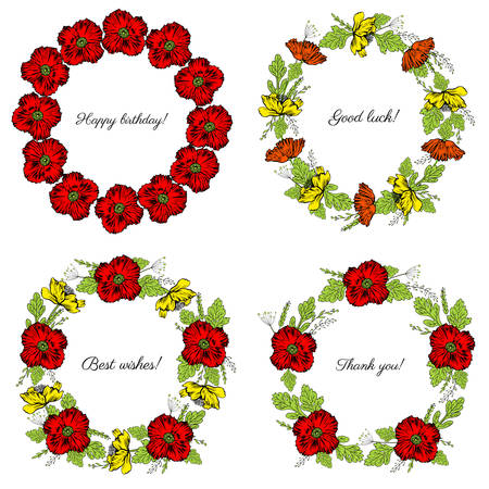 Set of round frame hand drawn vector sketch herbal colorful illustration, Red, yellow poppy flower, leaf floral wreath isolated on white background, design for greeting card, wedding invite, cosmeticのイラスト素材