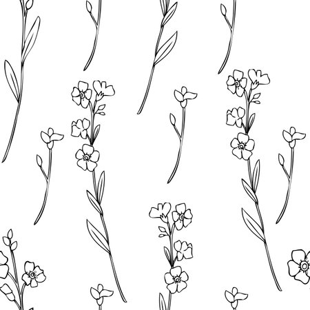 Seamless pattern Forget-me-not flowers vector illustration isolated on white background, ink sketch, decorative herbal doodle, line art for design medicine, wedding invitation, card, floral cosmeticのイラスト素材