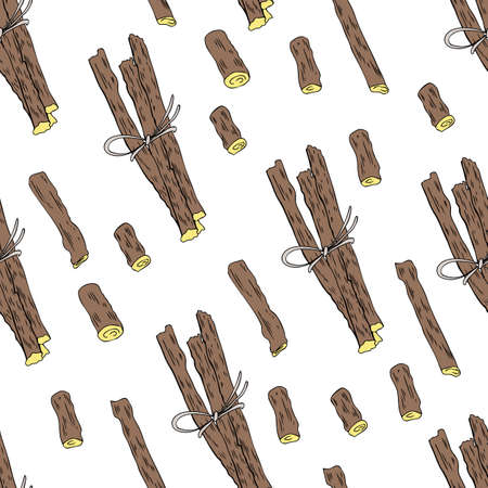 Seamless pattern Licorice sticks root vector hand drawn illustration isolated on white background, ink sketch, decorative herbal colorful doodle, medical herbs for design cosmetic, natural medicineのイラスト素材