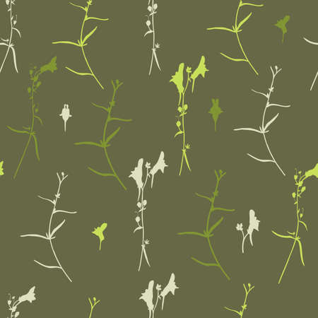 Seamless floral pattern Linaria vulgaris, common toadflax, yellow toadflax or butter-and-eggs is a species of toadflax, snapdragon, hand drawn vector sketch plant illustration isolated on greenのイラスト素材