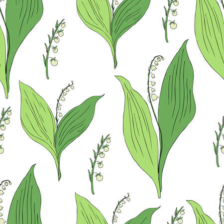 Seamless pattern Lily of the valley, Convallaria flower, colorful muguet isolated on white background, botanical hand drawn vector illustration for design cosmetic, greeting card, wedding textileのイラスト素材