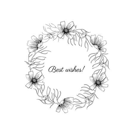 Decorative botanical wreath, round frame Cosmos flower, kosmeya hand drawn doodle ink sketch illustration, wild kosmos flower astra, floral design for greeting card, wedding invite, cosmeticのイラスト素材