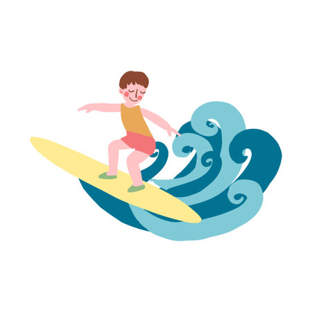 Decorative flat vector surfer isolated on white, cute little boy on surfboat, Young Man conquers blue wave, Surfer Character Raging Wave, Summer Extreme Water Sport minimalizm design for advertisingのイラスト素材