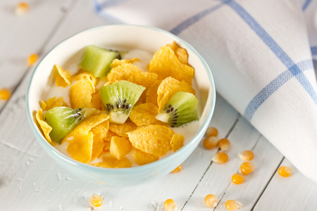 Cornflakes with kiwi and yogurtの写真素材