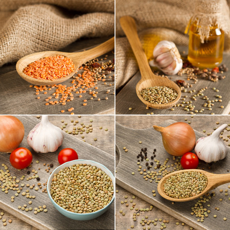 Green and red  lentils in wooden spoon on shoping boardの写真素材