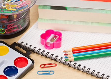 School supplies on tableの写真素材