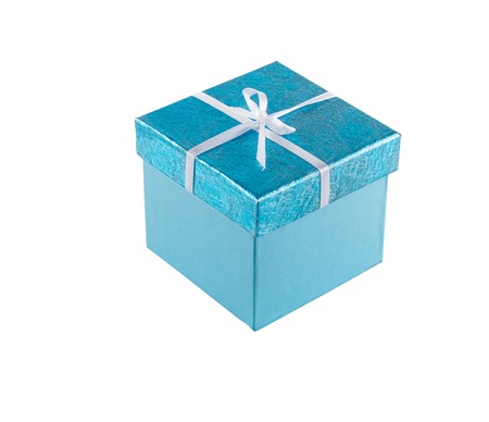 Blue gift box with ribbon isolated on whiteの写真素材