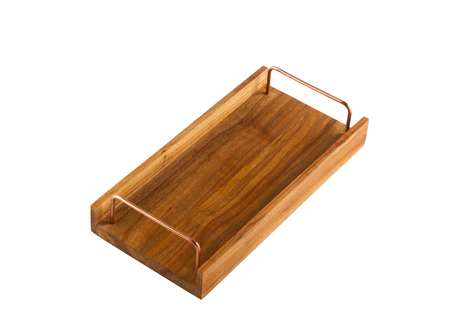 Empty wooden tray isolated on white backgroundの写真素材