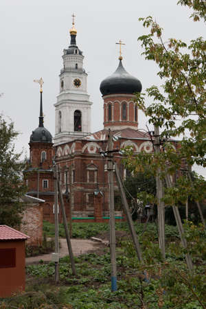 Volokolamsk Kremlin, Russia. Red carved elegant Kremlin on the green lawn. Kremlin Tower in the...