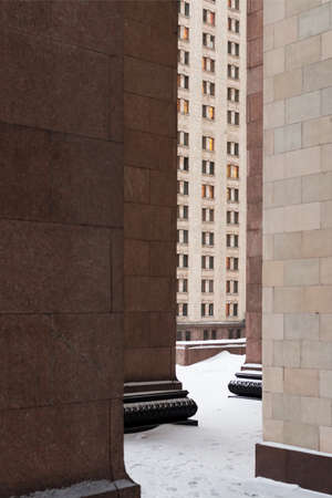 Main building of the Lomonosov Moscow State University. MGU. The Sparrow Hills, Moscow, Russia. Winter.の写真素材