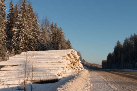 Snow-covered road on a winter day. Travel north Russia. Snow-covered road. Logging roads. The logs...