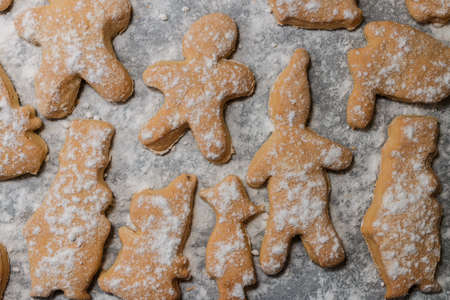 Cookies in the form of men, animals and snowflakes on a baking sheet. Cookies sprinkled with powdered sugar. Traditional Christmas cookies with spices and powdered sugar in the form of holiday symbol spruce, stars, men, canes on a baking sheetの写真素材