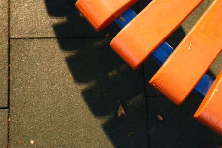 A wooden bench in the evening park.. Night Park Wood Bench.の写真素材