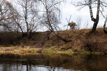 Autumn landscape with old wooden windmill. Istra. Russia.の写真素材
