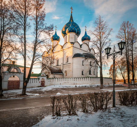 Cathedral of the Nativity of the Blessed Virgin in Suzdal. Orthodox church. Suzdal Kremlin at sunset. Winter cityscape. Russia. Suzdal. The Golden Ring.の写真素材