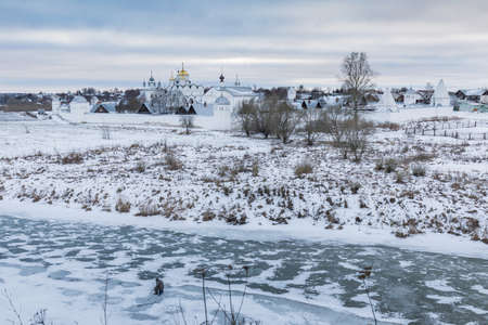 Holy Protection Convent in Suzdal. Panoramic view of an ancient Russian monastery in winter. Suzdal. Russia.の写真素材
