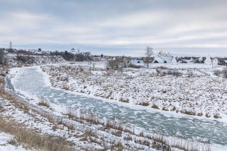 Holy Protection Convent in Suzdal. Panoramic view of an ancient Russian monastery in winter. Suzdal. Russia.の写真素材