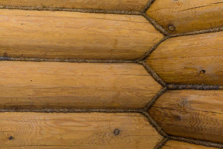 Texture of logs. Natural background pattern of a log wall. Wall of a log house. Wall of the rural house from wooden logsの写真素材