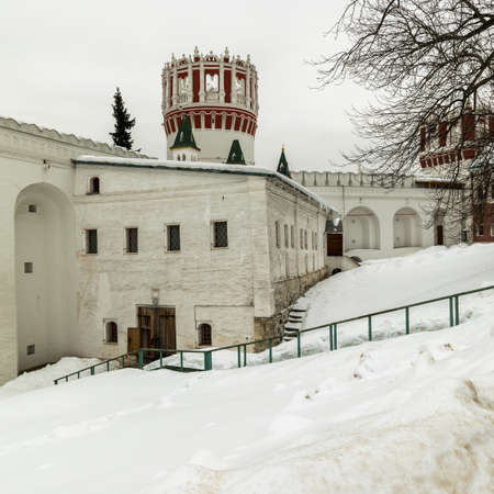 Novodevichiy convent. Winter day in Moscow, Russia. The chamber of the princess Sophia. Nadprudnaya tower. Wall of the Novodevichy Convent.の写真素材