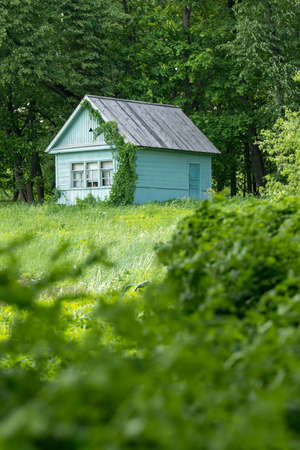 A small house on the edge of the forest. Summer landscape with a small rural blue house.の写真素材