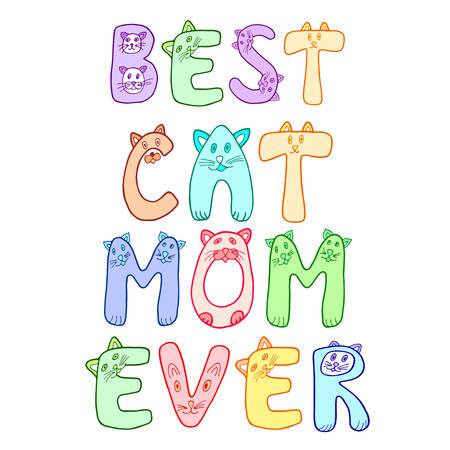 Colorful "Cat mom" lettering in doodle style isolated on white background. Vector stock illustration with pet.のイラスト素材
