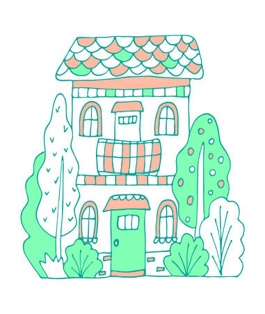 Green and pink cute bulding line art vector illustration. Hand drawn doodles fairy house in the village.のイラスト素材