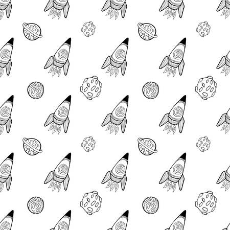 Vector spaceship seamless cartoon pattern. Black and white hand drawn doodles with spaceship, rocket, planets. Illustration for paper, textile, handmade decoration, scrap-booking, polygraphy, t-shirt, cards.のイラスト素材
