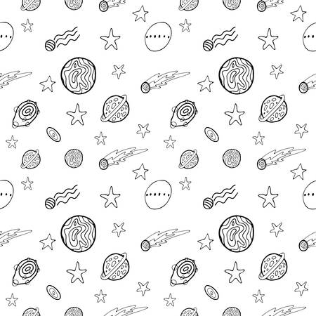 Vector spaceship seamless cartoon pattern. Black and white hand drawn doodles with planets, stars and galaxy. Illustration for paper, textile, handmade decoration, scrap-booking, polygraphy, t-shirt, cards.のイラスト素材