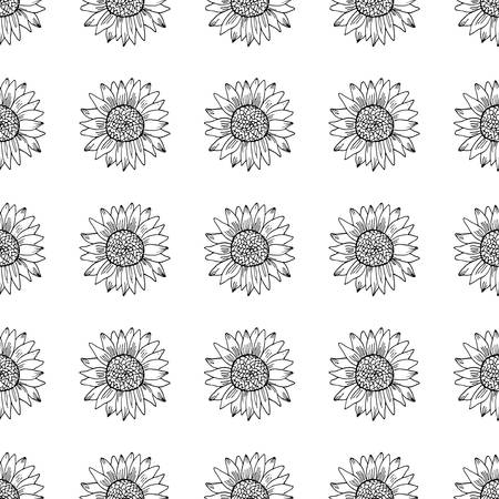 Black and white seamless pattern witn sunflowers. Hand drawing flowers vector illustrarion. Floral doodle background.のイラスト素材