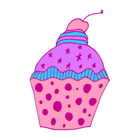 Vector pink cupcake illustration with cherry. Food doodle on white background.のイラスト素材