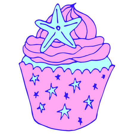 Vector hand drawing pink cupcake illustration in nautical style with starfish.のイラスト素材