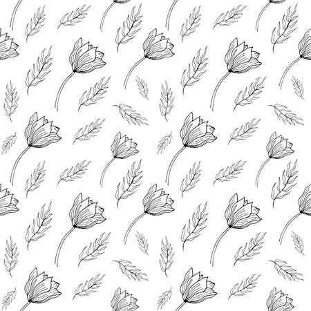 Monochrome floral elements. Vector illustration. Hand drawn seamless pattern with magnolia flowers and leaves. Black and white botanical sketch.のイラスト素材