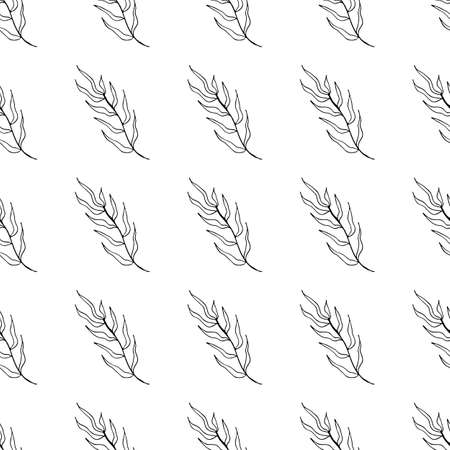 Black and white seamless pattern witn leaves. Hand drawing outline vector illustrarion. Floral doodle background.のイラスト素材