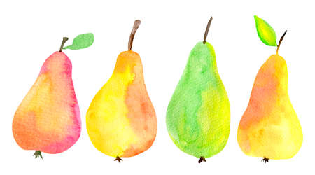 Watercolor pears set isolated on white background. Red, yellow and orange juicy fruit hand painting illustration.の写真素材