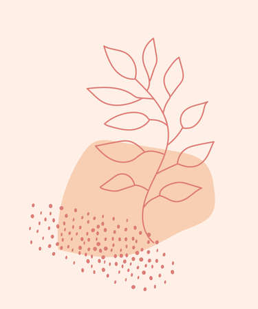 Leaves line art with abstract geometric shapes on neutral background. Modern digital drawing. Fashion vector illustration for wall art, prints, design. Contemporary burnt orange and terracotta art.のイラスト素材