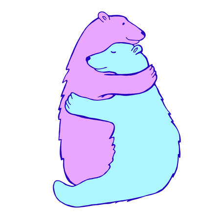 Hand drawn animals illustration for card, poster, t-shirt, vall art. Cute blue and purple polar bear hugs isolated on white background.のイラスト素材