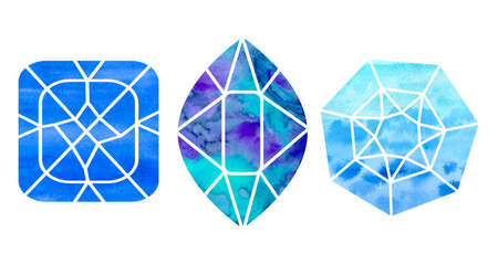 Bright colorfull watercolor diamonds set isolated on white backgrounds. Hand painting gemstones and crystals illustration.の写真素材