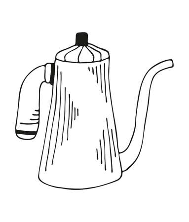 Coffee pot or teapot illustration in doodle style. Vector hand drawn sketch. Black outline art for cards, beverage, design and packaging materials.のイラスト素材