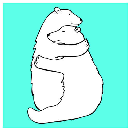 Hand drawn animals illustration for card, poster, t-shirt, vall art. Cute black and white polar bear hugs isolated on blue background.のイラスト素材