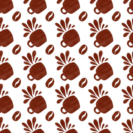 Watercolor hand painting illustration for menu, product design, wallpaper and more. Coffee cups with bean seamless pattern on white background.の写真素材