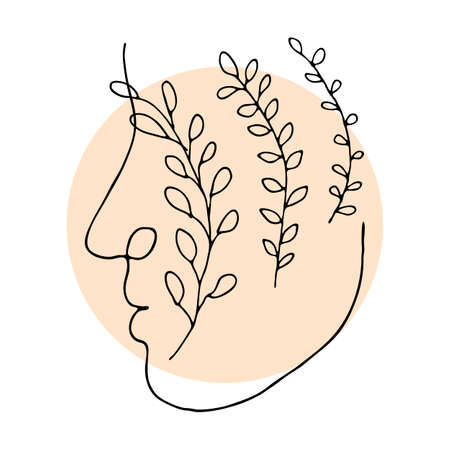Hand drawing abstract female portrait line art isolated on white background. Eyes, lips and floral outline art. Modern vector illustration with geometric shapes.のイラスト素材