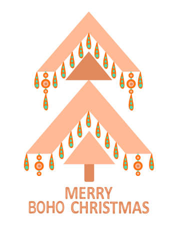 Geometric christmas tree with ethnic ornaments in bohemian style isolated on white background. Modern vector illustration for cards, home decor and print design. Winter holidays rustic decor.のイラスト素材