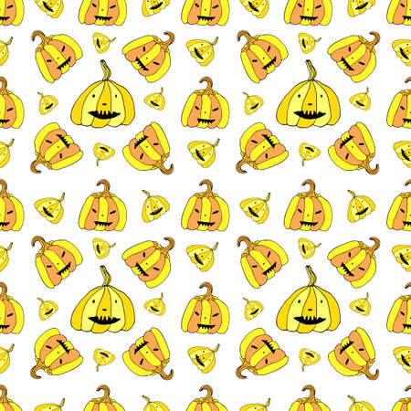 Vector illustration for card design and fall decoration. Halloween seamless pattern with yellow orange pumpkins isolated on white background. Funny doodle art. Orange Jack lanterns.のイラスト素材