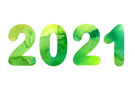 Hand painting watercolor 2021 illustration isolated on white background. Silhouette numbers art for...