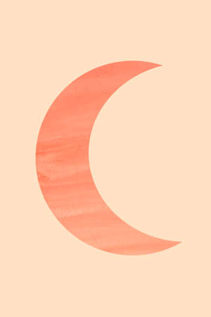 Watercolor young phase of the moon illustration isolated on orange background. Modern boho card. Mid century terracotta colors artwork.の写真素材