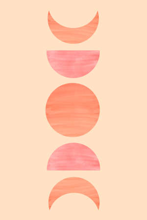 Mid century terracotta colors artwork. Watercolor moon phases illustration isolated on orange background. Modern boho card.の写真素材