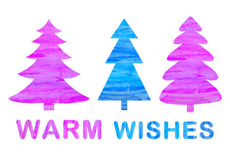 Warm wishes holidays card illustration. Watercolor blue and purple trees isolated on white background. Winter art with quote.の写真素材