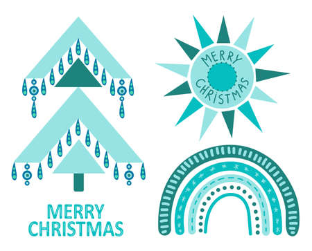 Geometric christmas tree with ethnic ornaments and abstract boho rainbow in bohemian style isolated on white background. Modern vector illustration for cards, home decor and print design. Winter holidays rustic decor.のイラスト素材