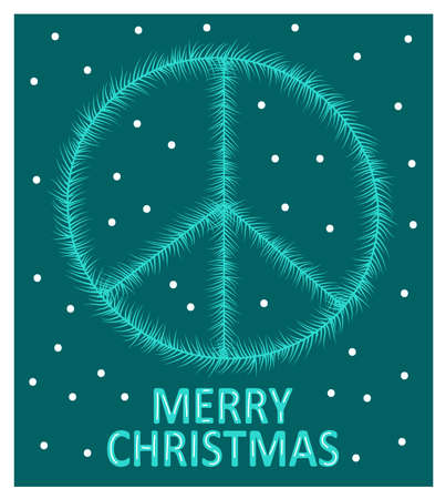 Festive witner holidays poster with a symbol of peace. Blue christmas wreath card in modern style on dark green background. Hippie vector illustration.のイラスト素材